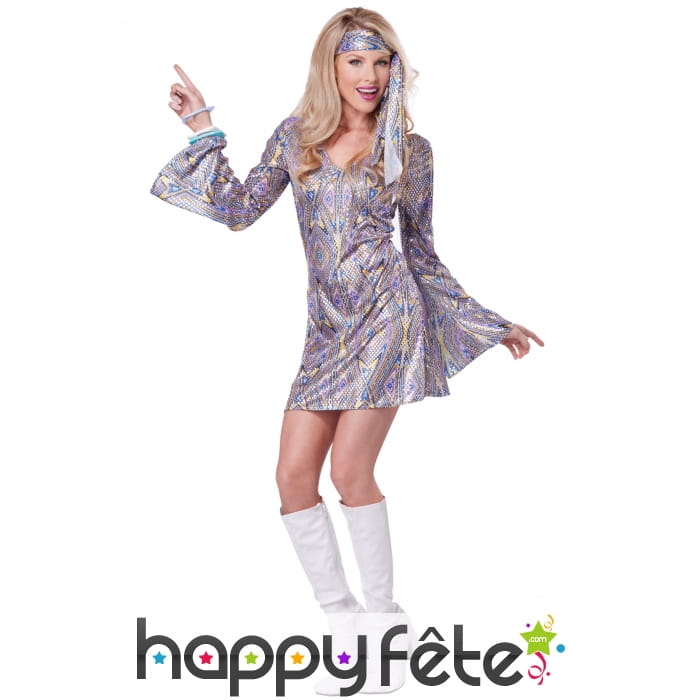 Bandeau et robe courte disco violet, bleu jaune