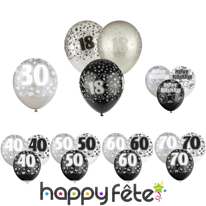Ballons nombre anniversaire noir gris blanc