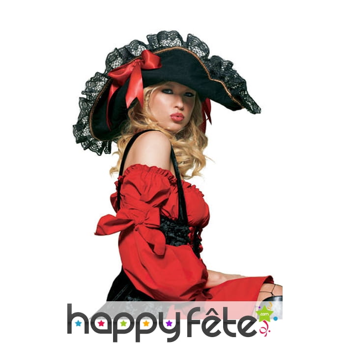 Bicorne noir de piratesse avec ruban rouge