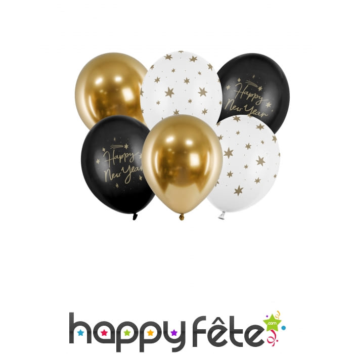 Ballons noirs et dorés Happy New Year, par 6