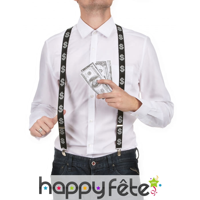 Bretelles noires imprimé dollar argenté