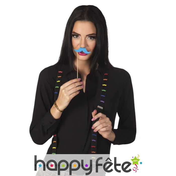 Bretelles noires imprimé moustaches colorées