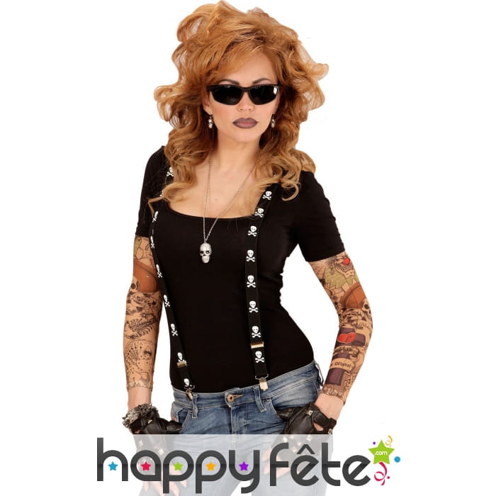 Bretelles noires imprimées têtes de mort blanches