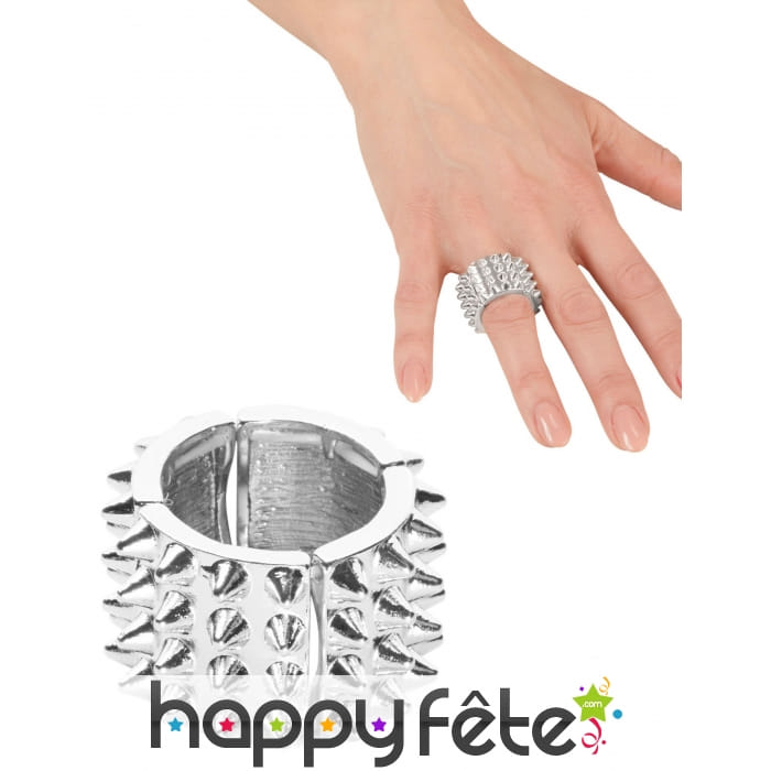 Bague punk à piques argentée