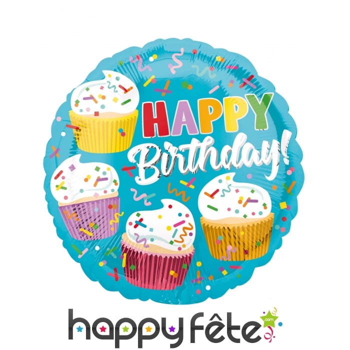 Ballon rond cupcakes Happy Birthday de 43 cm