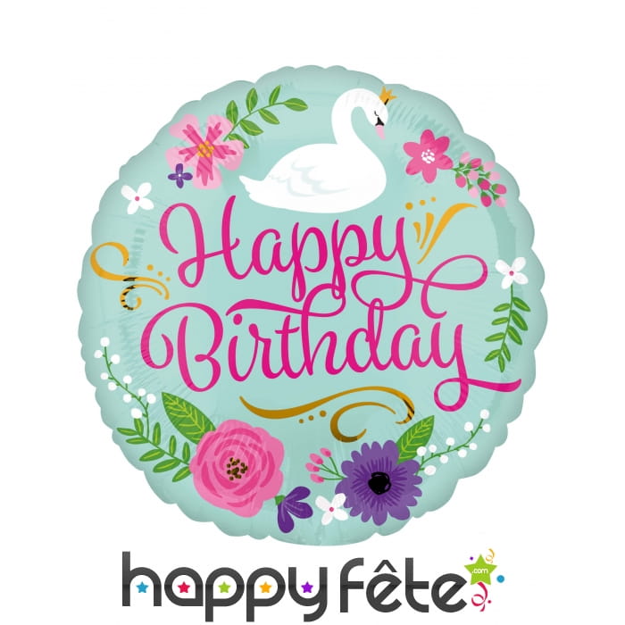 Ballon rond Happy Birthday cygne fleuri de 43 cm