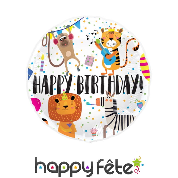 Ballon rond happy birthday dessins d'animaux, 45cm
