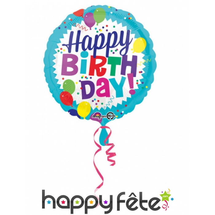 Ballon rond Happy Birthday fond bleu de 43 cm
