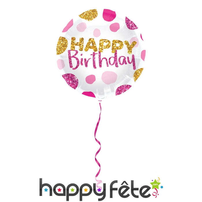 Ballon rond happy birthday rose doré pailleté 45cm