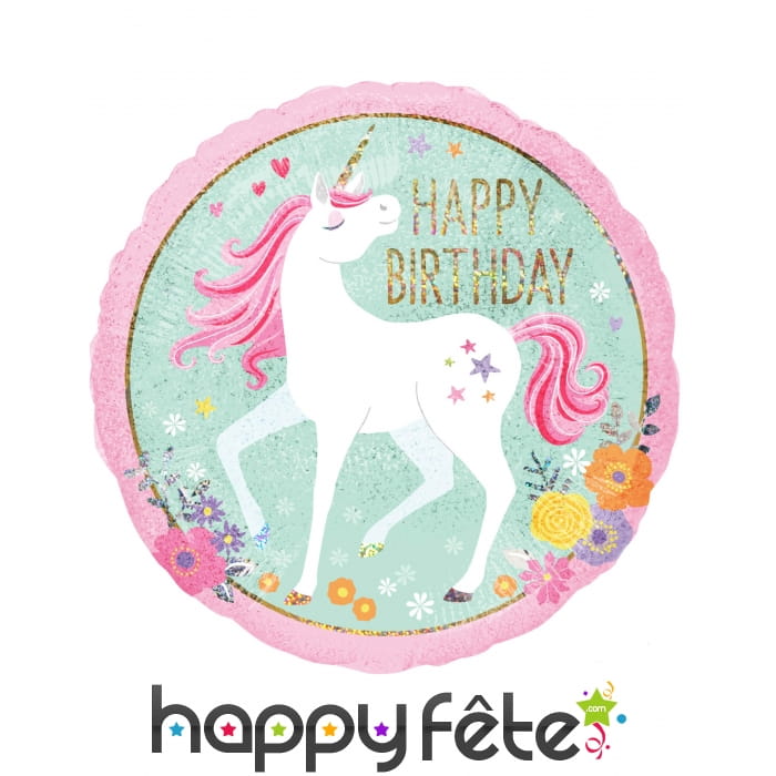 Ballon rond licorne Happy Birthday de 45 cm
