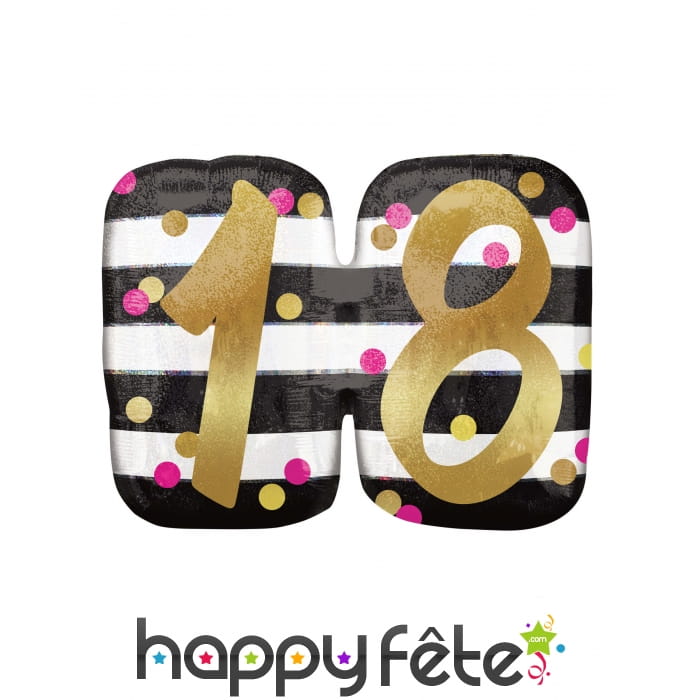 Ballon rayé noir et blanc chiffre 18 doré, 63x50cm