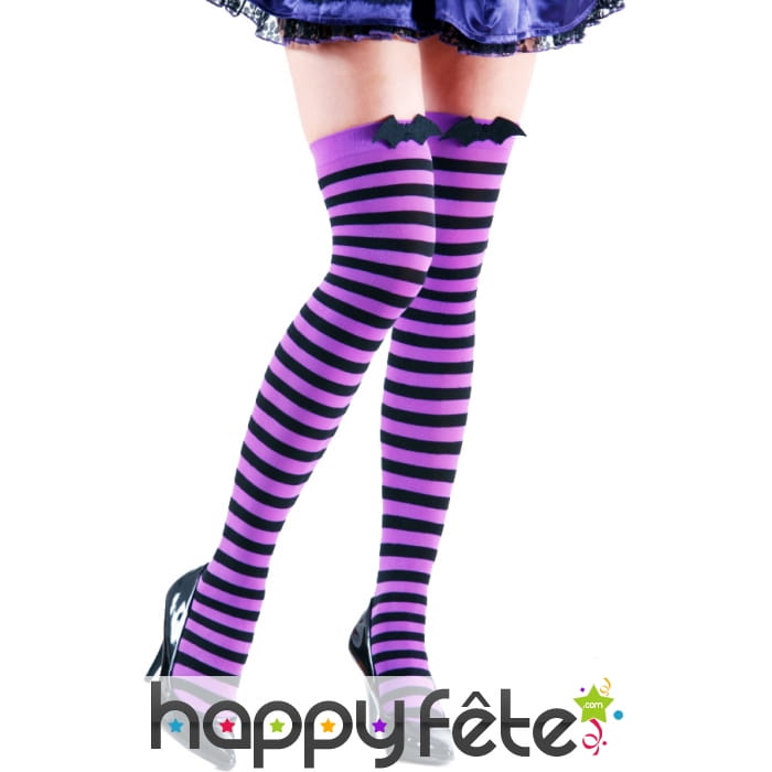 Bas raye violet et noir avec chauve souris noir