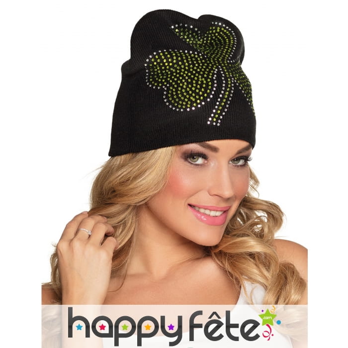 Bonnet St Patrick noir avec trèfle brillant adulte