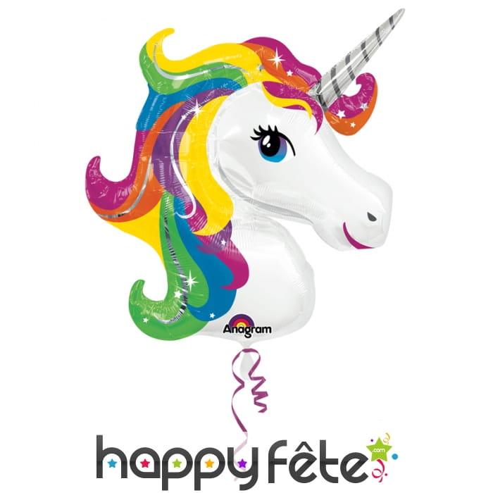 Ballon tête de licorne crinière arc en ciel