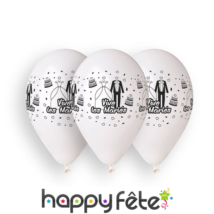 Ballons vive les mariés noir et blanc, 30cm