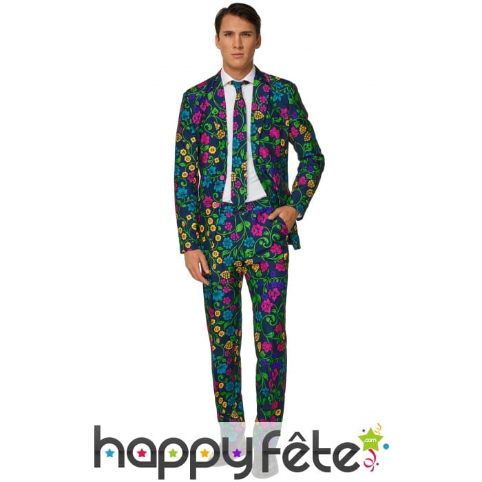 Costume 3 pièces bleu motif floral pour homme