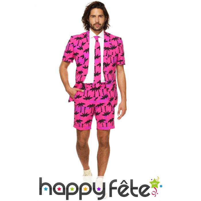 Costume 3 pièces d'été rose imprimé palmiers