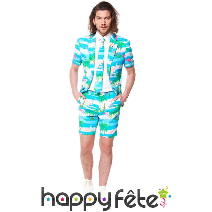 Costume 3 pièces flamants rose avec short