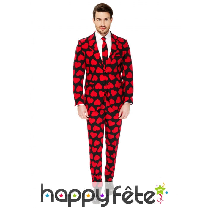 Costume 3 pièces noir imprimé coeurs rouges