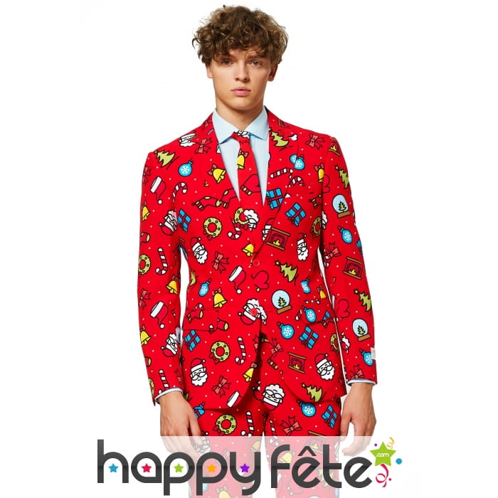 Costume 3 pièces rouge motifs de Noël fun