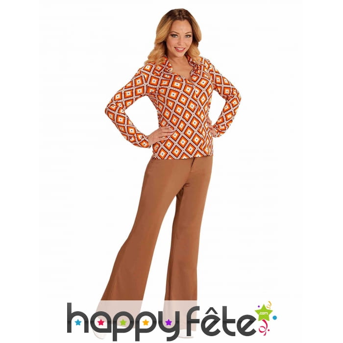 Chemise années 70 orange imprimé losanges