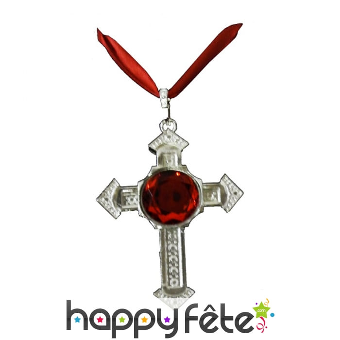 Collier avec croix et fausse pierre rouge