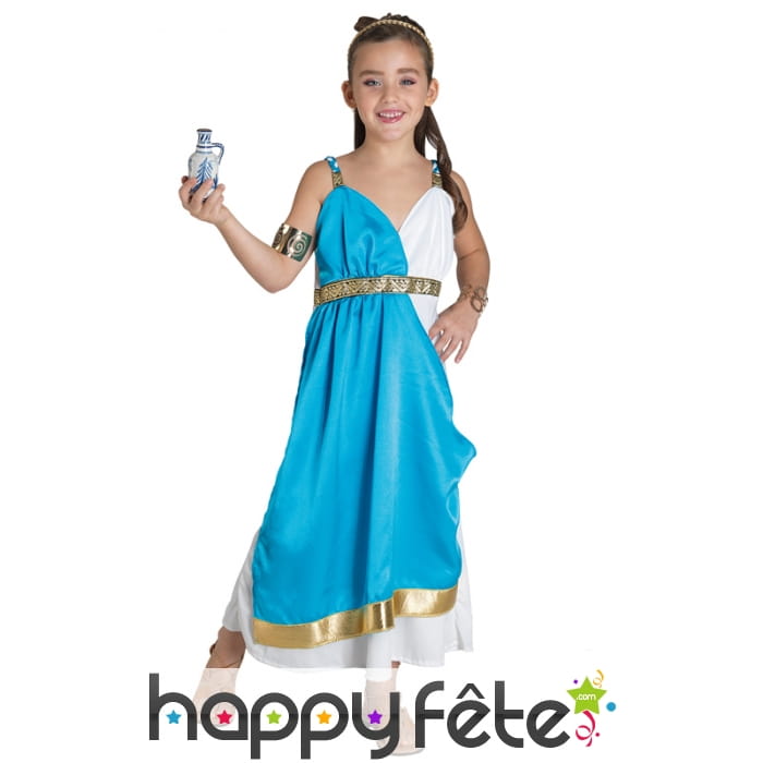 Costume bleu blanc de déesse grecque pour enfant