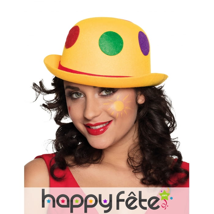 Chapeau boule de clown jaune à pois colorés
