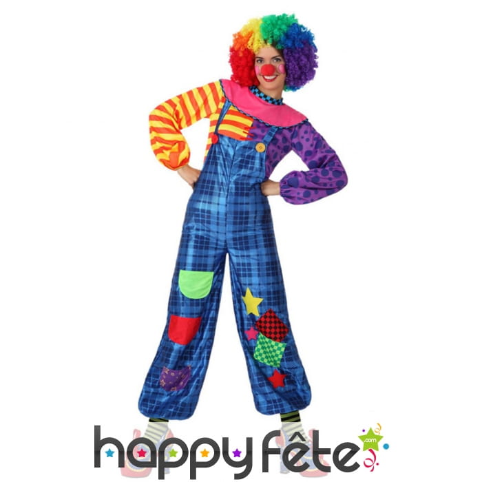 Costume bleu de clown patchwork pour femme