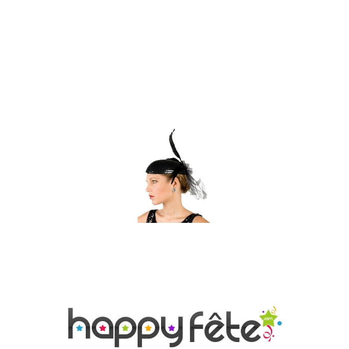 Coiffe bibi paillettes noires en plumes et résille