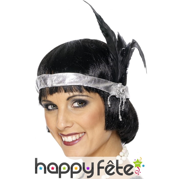 Coiffe charleston argenté plumes noires