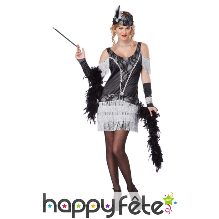 Costume charleston à frange blanc gris