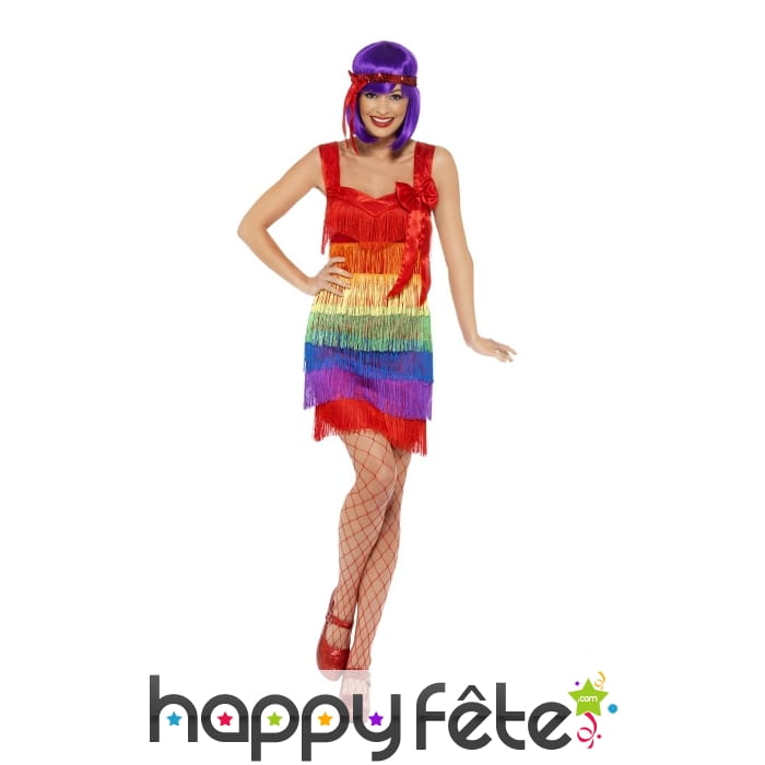 Costume Charleston à franges, arc en ciel