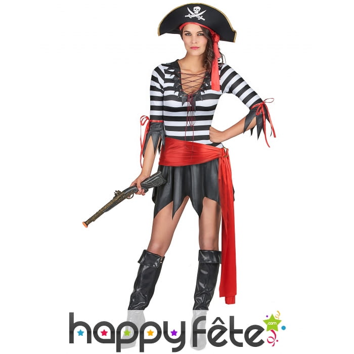 Costume court ligné noir et blanc de femme pirate