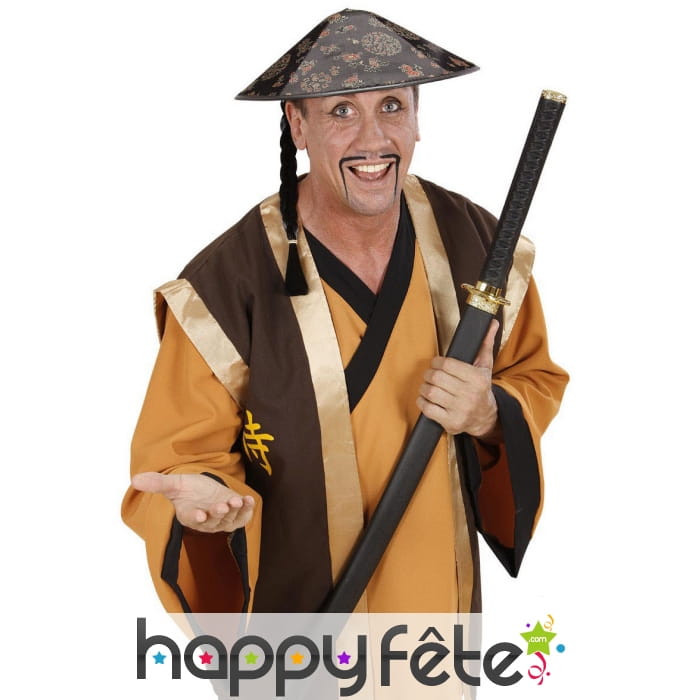 Chapeau chinois noir avec motifs et tresse noire