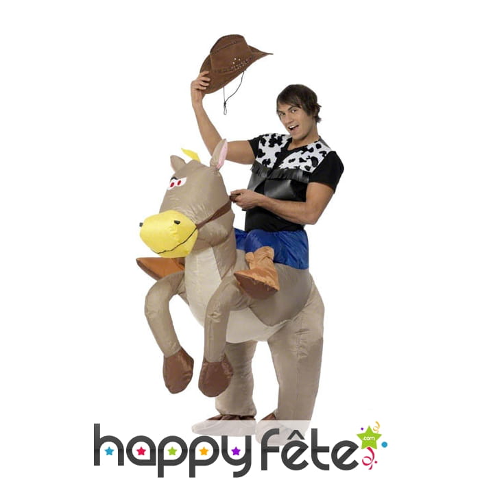 Costume cowboy sur cheval gonflable