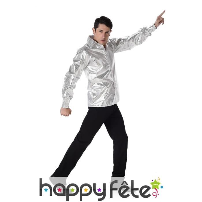 Chemise disco argentée recouverte de sequins