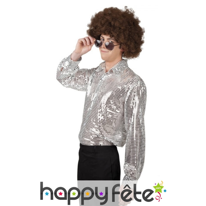 Chemise disco argentée unie pour homme