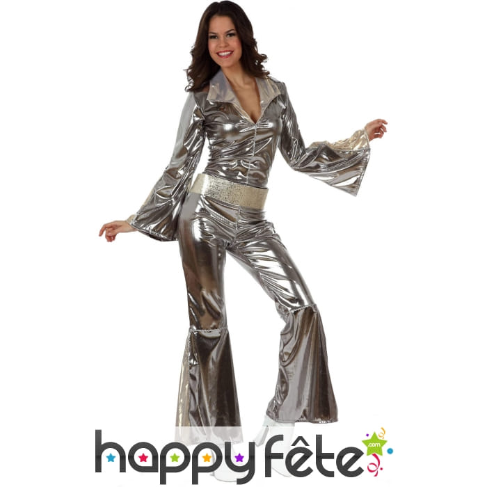 Combinaison disco argentée unie pour femme