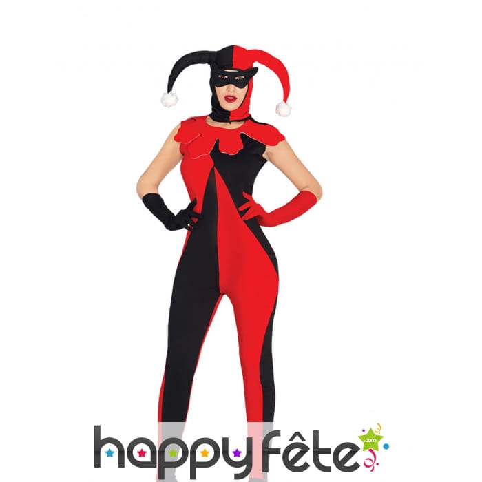 Costume d'arlequin bicolore rouge et noir femme
