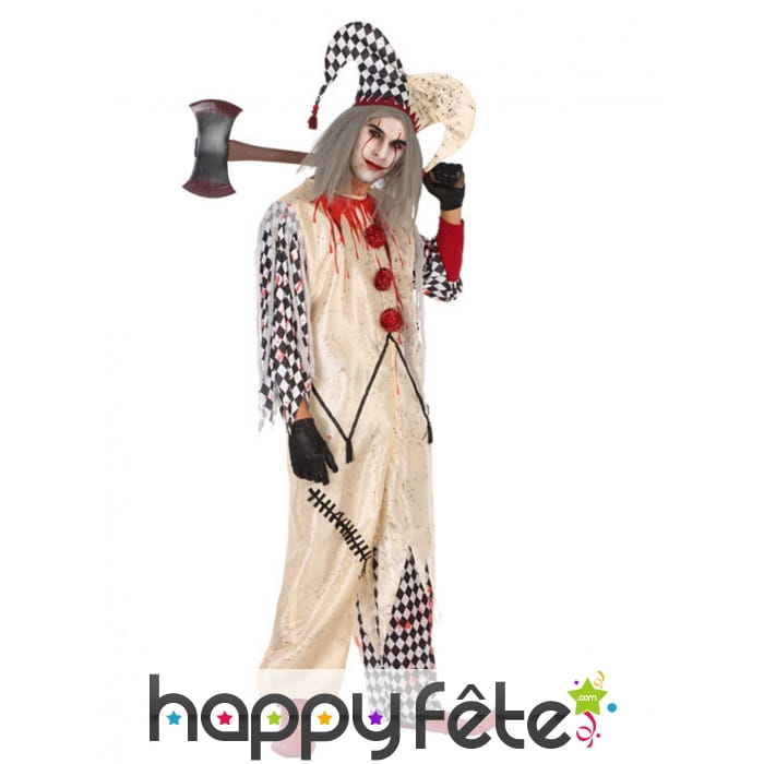 Costume d'Arlequin blanc et noir ensanglanté homme