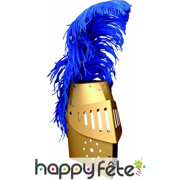 Casque de chevalier doré avec plume bleue, enfant