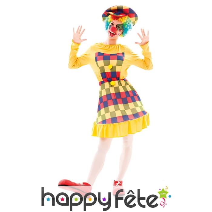 Costume de clown jaune à carreaux pour femme