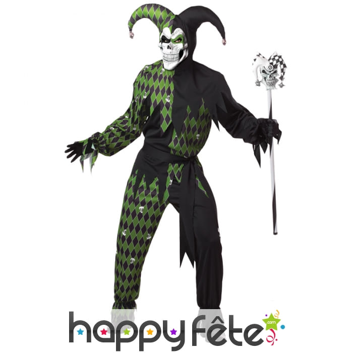Costume de fou du roi squelette noir et vert