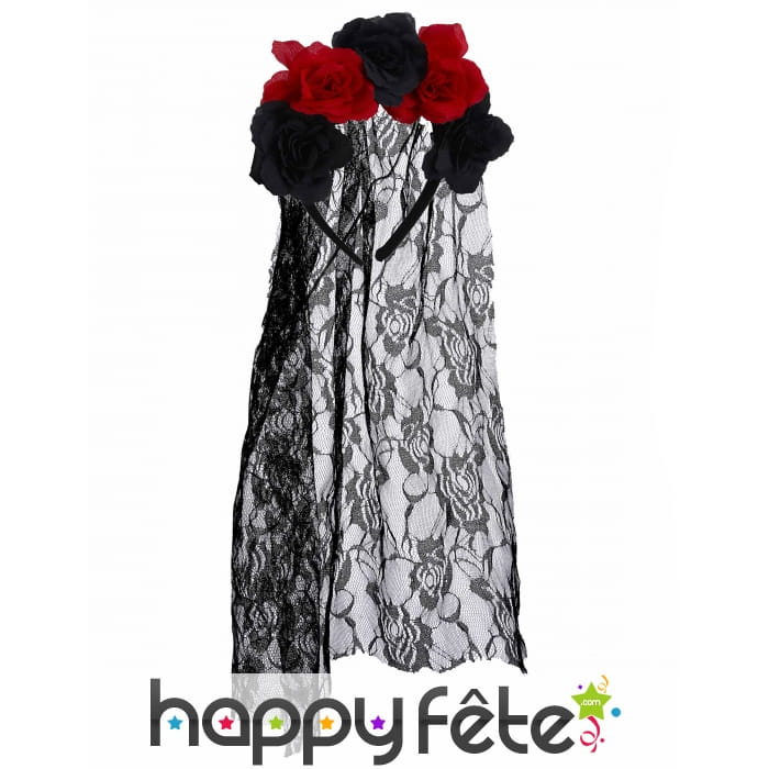 Couronne de fleurs noir et rouge avec voile noir