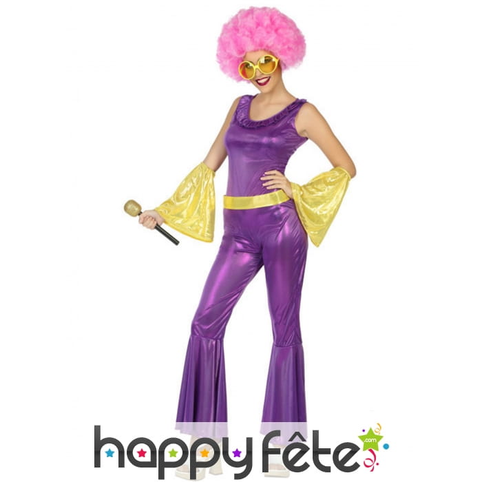 Combinaison disco holographique violet or, femme