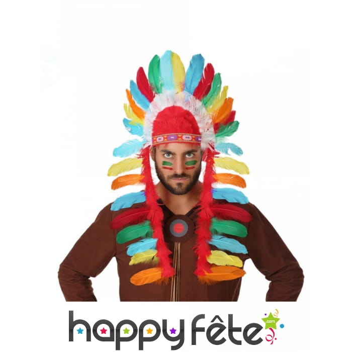 Coiffe d'indien avec plumes colorées pour adulte