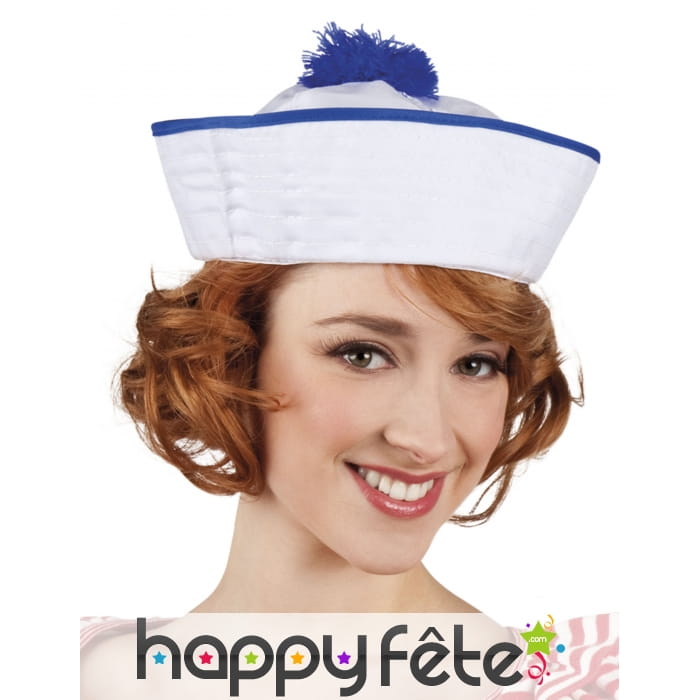 Chapeau de marin blanc avec pompon bleu
