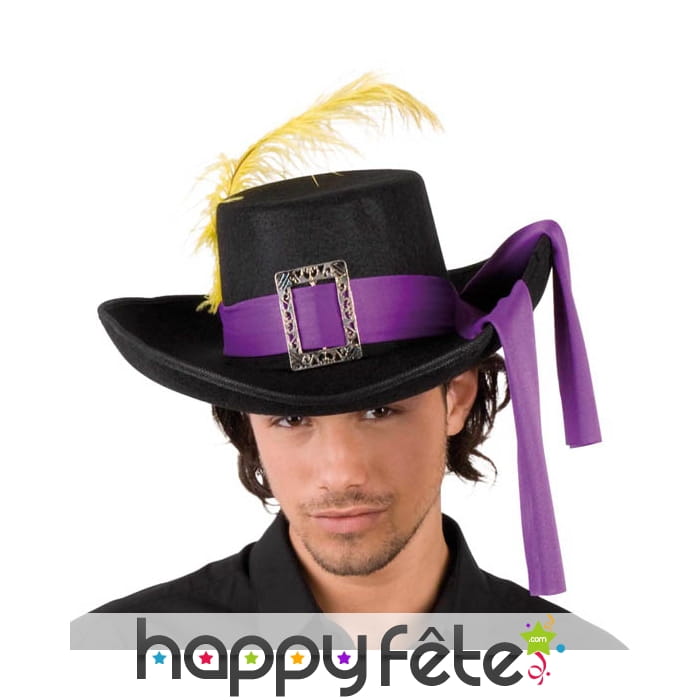 Chapeau de mousquetaire adulte noir bandeau violet