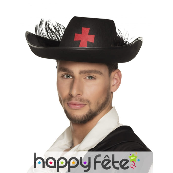 Chapeau de mousquetaire noir avec plumes, adulte